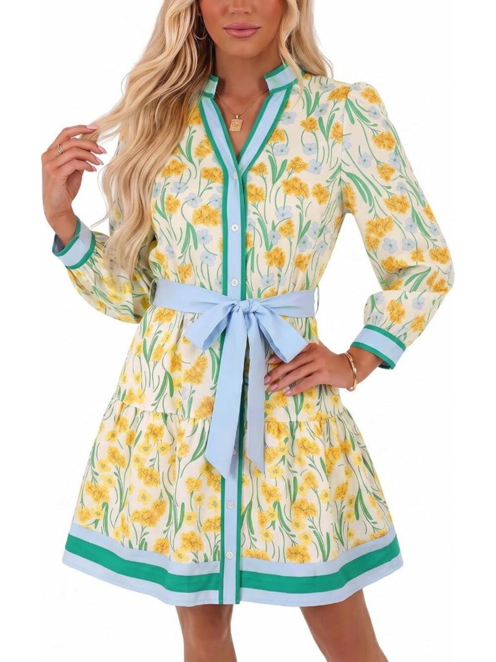 Floral Mini Dress for Women - V Neck, Button Down, Tie Waist, Perfect for Summer